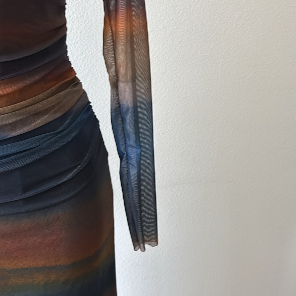 BodyCon Dress L Ruched Ombre Sunset Sheer Sleeves Y2K Dark Fairy Ethereal Grunge - Picture 12 of 15